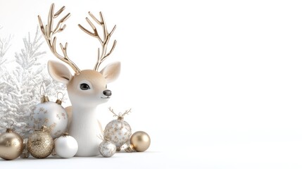 Wall Mural - A festive reindeer figurine surrounded by ornaments against a white background.