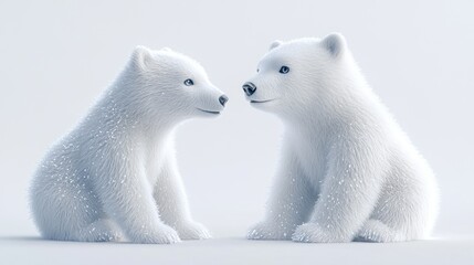 Wall Mural - Two adorable polar bear cubs sitting close together in a soft, snowy environment.