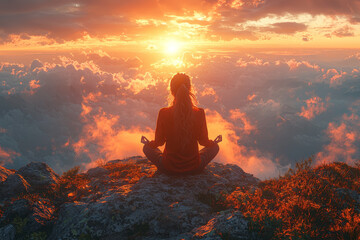 Poster - A woman practicing mindfulness meditation on a mountain top, overlooking a stunning sunset view.