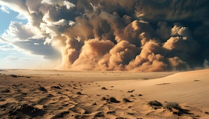 Powerful dust storm sweeping over expansive desert, highlighting natures force, environmental shifts, and survival challenges in arid landscapes