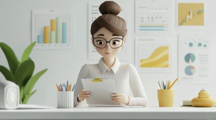 Poster - A stylized character reviews documents in a modern office setting with charts on the wall.