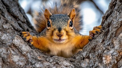 Wall Mural - A close-up of a squirrel peeking from a tree, showcasing its expressive face and fur.