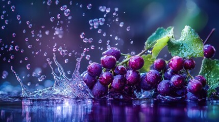 Poster - Grapes splashing in water, creating a vibrant and dynamic scene.