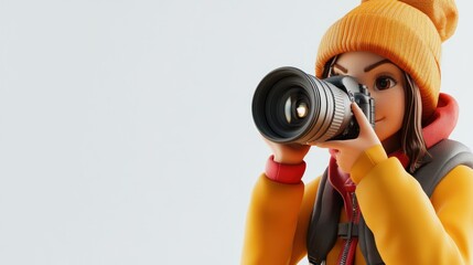 Canvas Print - A character wearing a yellow jacket and beanie, holding a camera, ready to take a photo.