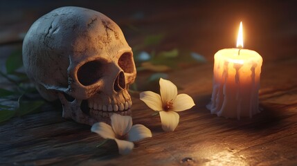 A mystical skull decorated with flower and candlelight glow image