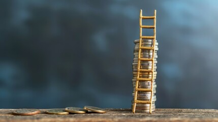 A stack of coins with a ladder leaning against it, symbolizing climbing the financial ladder