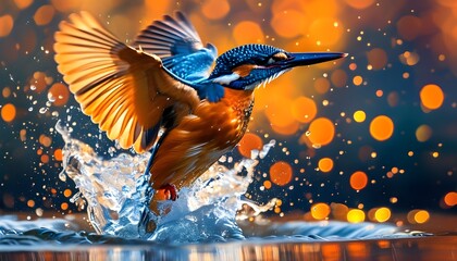 Vibrant kingfisher bursting from water, wings spread wide, showcasing stunning blue and orange plumage against a colorful bokeh backdrop, embodying freedom and beauty