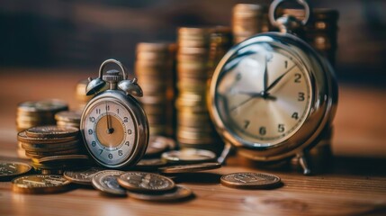 Wall Mural - A stopwatch next to stacks of coins, symbolizing time management and financial planning