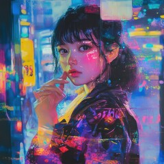 Sticker - A vibrant, digital portrait of a young woman in a neon-lit urban setting.