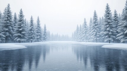 Canvas Print - A serene winter landscape featuring snow-covered trees and a calm, reflective lake.