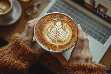 Sticker - A close-up of a person's hands typing on a laptop, with a cup of coffee and notebook on the desk.