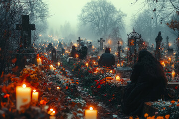 Poster - A candlelit cemetery with families sitting by gravestones, sharing stories, food, and music to celebrate their deceased loved ones.