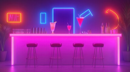 Wall Mural - A vibrant, neon-lit bar scene with colorful cocktails and stylish seating.