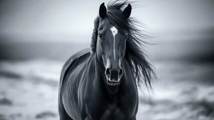 Poster - A majestic black horse with flowing mane captured in a striking monochrome setting.