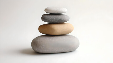 A stack of smooth, balanced stones, representing harmony, balance, and mindfulness in a minimalistic and peaceful composition.
