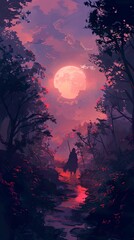 Wall Mural - Mystical Forest Path Under a Blood Moon