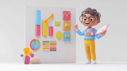 Poster - A cheerful character presents colorful graphs and charts on a board, symbolizing data analysis.