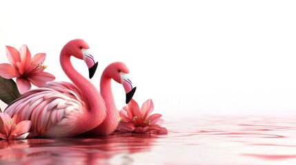 Two pink flamingos surrounded by flowers in a serene water setting.