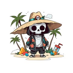 Wall Mural - Skeleton chilling on the beach with a hat and a drink