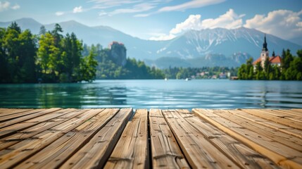 Wall Mural - A wooden dock overlooking a serene lake, surrounded by lush greenery and mountains