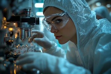 Sticker - A researcher in a cleanroom assembling nanotechnology components. Concept of nanoscience and precision research.