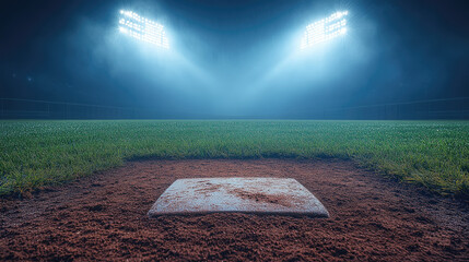 A baseball field with a pitcher's mound and a home plate. The field is lit up with bright lights, creating a dramatic atmosphere