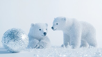 Sticker - Two sparkling polar bear figurines surrounded by glittering decorations.