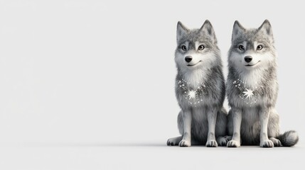 Two stylized wolves sitting side by side, adorned with decorative elements around their necks.