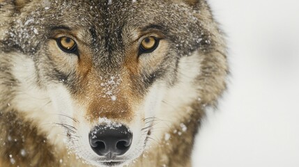 Wall Mural - A close-up of a wolf's face, showcasing its intense gaze and snowy surroundings.