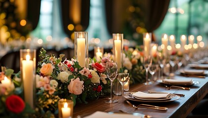 Elegant wedding dining table adorned with flowers and fine tableware, featuring a glass pillar candle that enhances the festive atmosphere