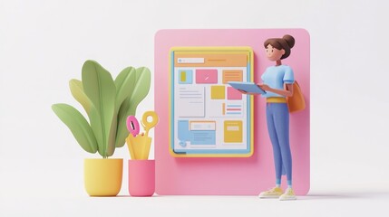 Wall Mural - A 3D illustration of a person interacting with a digital interface beside potted plants.