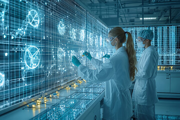 Wall Mural - A group of scientists testing renewable energy solutions in a smart grid lab. Concept of sustainable energy research.