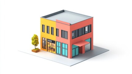 Canvas Print - A colorful modern building with large windows and a small tree outside.