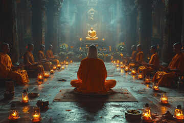 Poster - A group of monks chanting in a dimly lit monastery. Concept of religious devotion and monastic life.