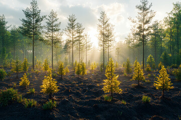 Wall Mural - A forest regeneration project with newly planted saplings. Concept of reforestation as a response to climate change.