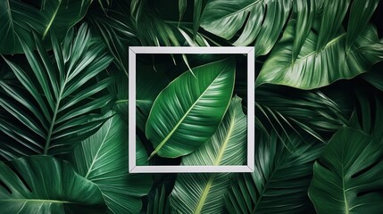 A lush arrangement of green leaves with a white frame highlighting a single leaf.