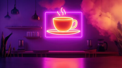 Canvas Print - A vibrant neon coffee cup sign in a cozy café setting.