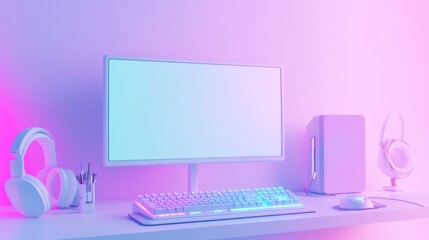 Poster - A modern workspace featuring a computer setup with headphones and colorful lighting.