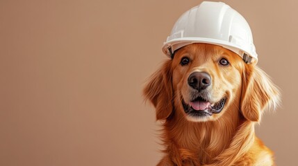 Golden Retriever dog wearing a white safety helmet isolated on a blank beige background with space for text or inscriptions
