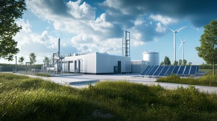 Factory for producing green clean energy or hydrogen gas with windmills in the background and green plants around on a summer day with space for text or inscriptions
