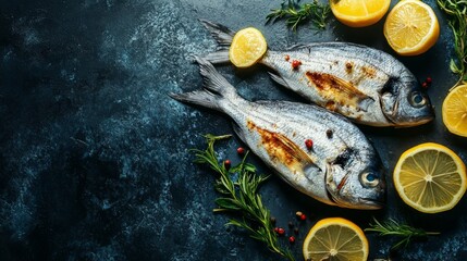 Grilled two sea bream fish with lemon pieces and green rosemary sprigs on a beautiful dark rustic empty background with space for text or inscriptions, top view. Copy space
