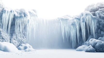 Sticker - A serene icy landscape featuring a frozen waterfall and snow-covered surroundings.