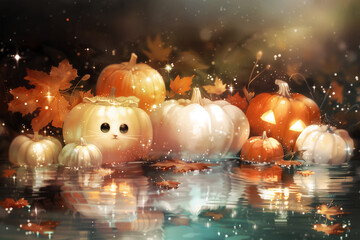 Wall Mural - Halloween party background, decorated with Jack-o-lantern, pumpkins, and fallen leaves, an ethereal and festive feel with bokeh effects	
