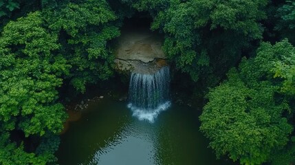 Sticker - A serene waterfall cascading into a tranquil pool, surrounded by lush greenery.