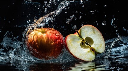 Wall Mural - An apple splashes into water, showcasing freshness and vitality.