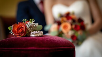 Canvas Print - A close-up of wedding rings and a bouquet, symbolizing love and commitment.