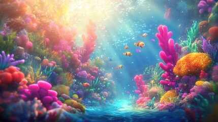 Vibrant Underwater Coral Landscape in Colorful Light