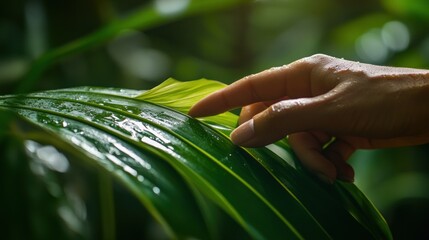 Sticker - A hand gently touches a dewy green leaf in a lush, vibrant environment.