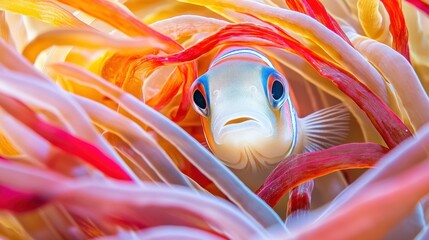 Wall Mural - A vibrant fish peeks through colorful sea anemone tentacles in an underwater scene.