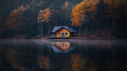 Sticker - A serene yellow cabin by a lake surrounded by autumn foliage and mist.